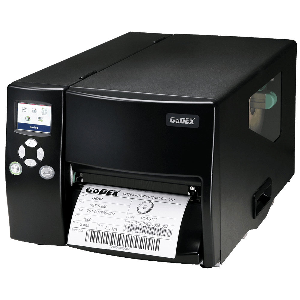 מדפסת מדבקות תעשייתית GoDEX EZ6250i חזית עם מדבקה