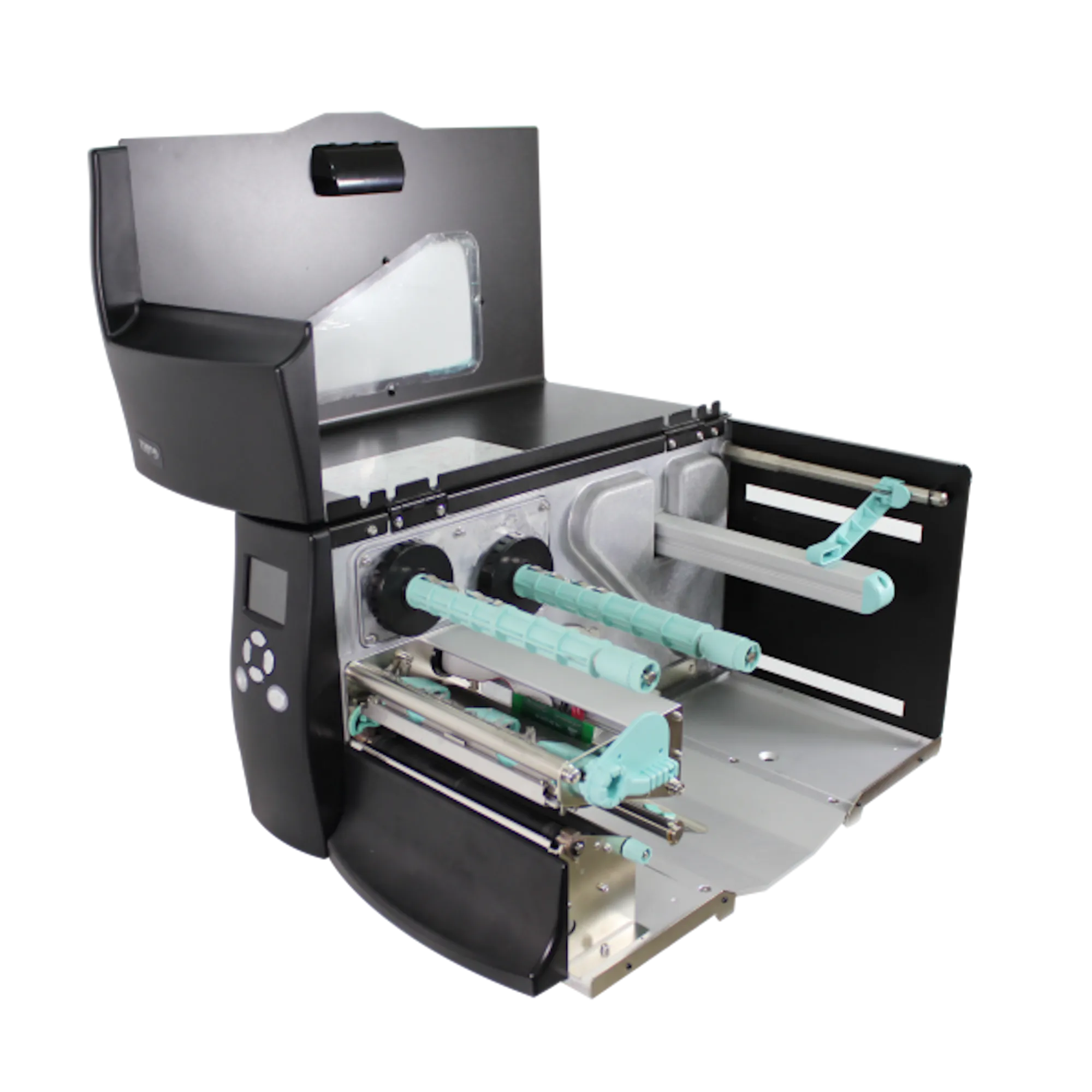 GoDEX EZ6250i פתוחה עם מנגנון ריבון והדפסה