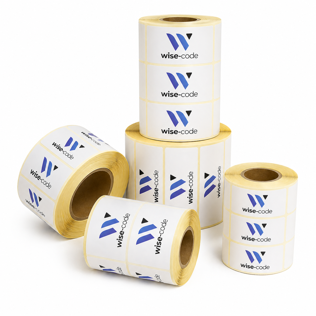 מדבקות כרומו בגלילים עם לוגו wise code מודפס על המדבקות