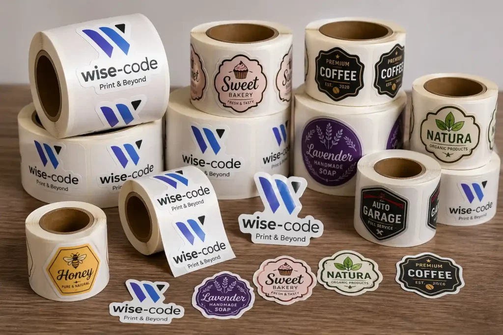 מדבקות צורניות בגלילים עם לוגו Wise Code ולוגואים נוספים