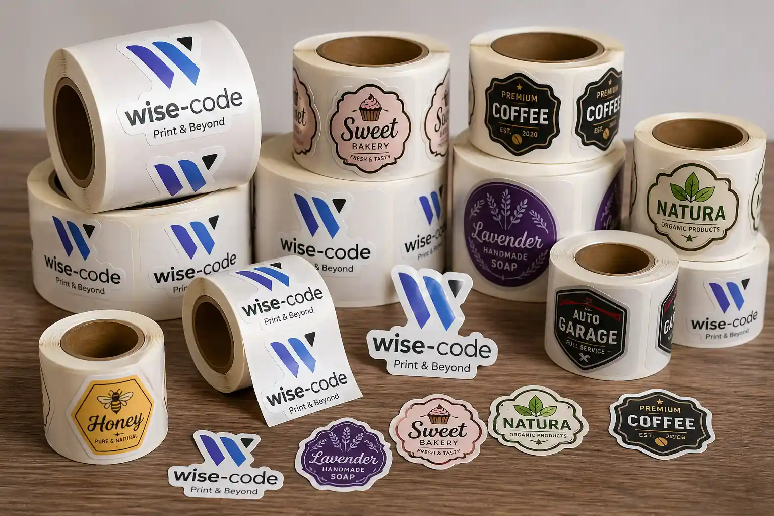 מדבקות צורניות בגלילים עם לוגו Wise Code ולוגואים נוספים