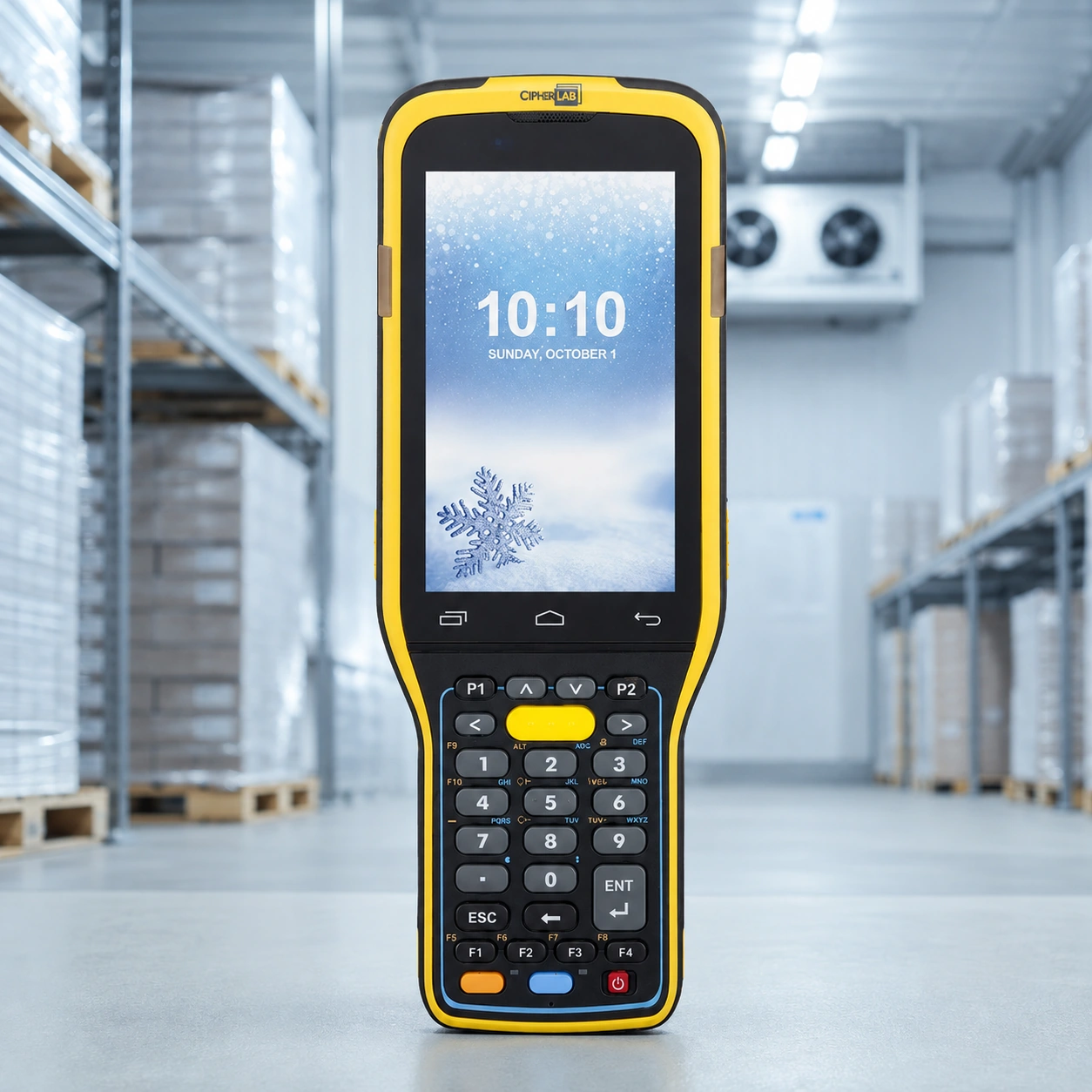 מסופון CipherLab RK95 Cold Storage ברקע מחסן קירור תעשייתי